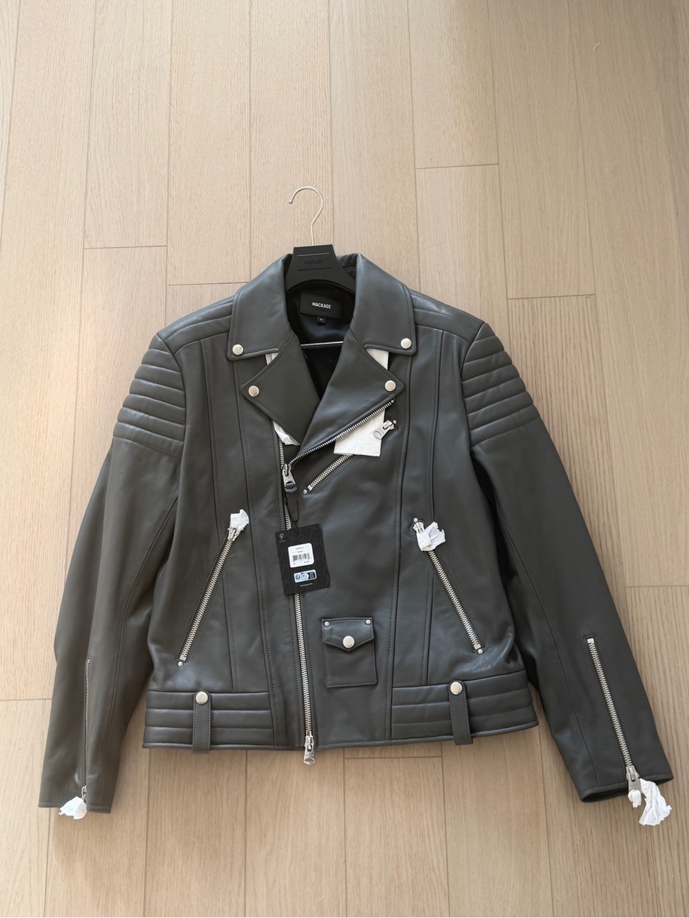 Mackage Men’s Dark Gray Leather Moto Jacket with Silver Hardware